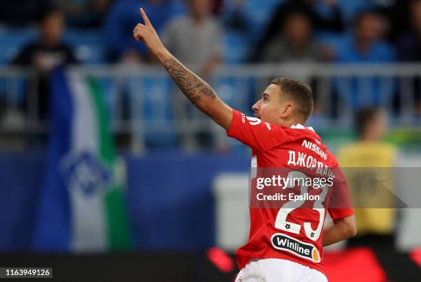 Jordan Larsson of FC Spartak Moscow celebrates a goal during the Russian Football League match between PFC FC Krylia Sovetov Samara and FC Spartak...