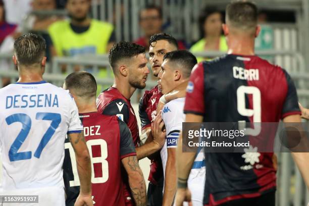 Fabio Pisacane of Cagliari reacts with Stefano Sabelli of Brescia during the Serie A match between Cagliari Calcio and Brescia Calcio at Sardegna...