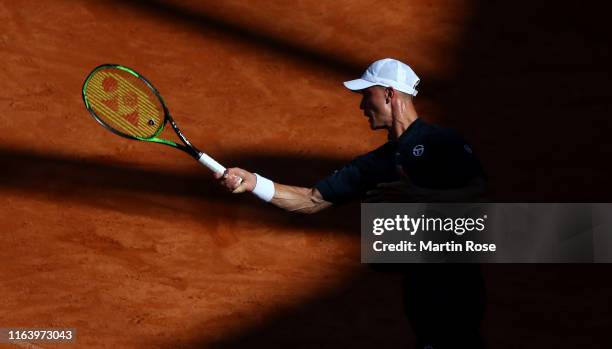 Marton Fucsovics of Hungary in action against Dominic Thiem of Austria during day three of the Hamburg Open 2019 at Rothenbaum on July 24, 2019 in...