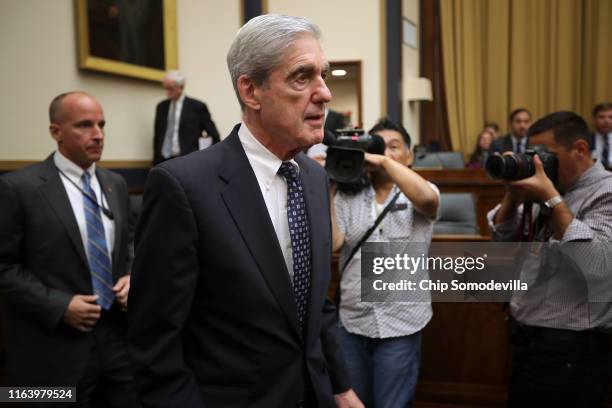 Former Special Counsel Robert Mueller arrives for testimony before the House Intelligence Committee about his report on Russian interference in the...