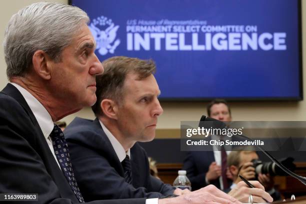 Former Special Counsel Robert Mueller testifies with former Deputy Special Counsel Aaron Zebley before the House Intelligence Committee about...