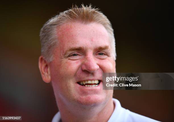 Dean Smith, manager of Aston Villa looks on prior to the Pre-Season Friendly match between Walsall and Aston Villa at Banks's Stadium on July 24,...