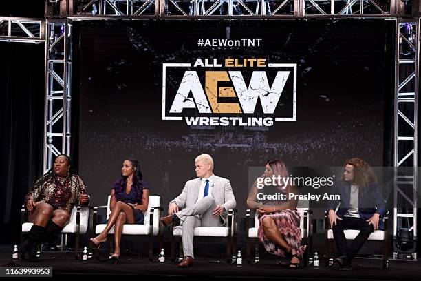 Kia Stevens aka Awesome Kong, Brandi Rhodes, Cody Rhodes, Nyla Rose, and Jack Perry aka Jungle Boy speak onstage at the "All Elite Wrestling" panel...