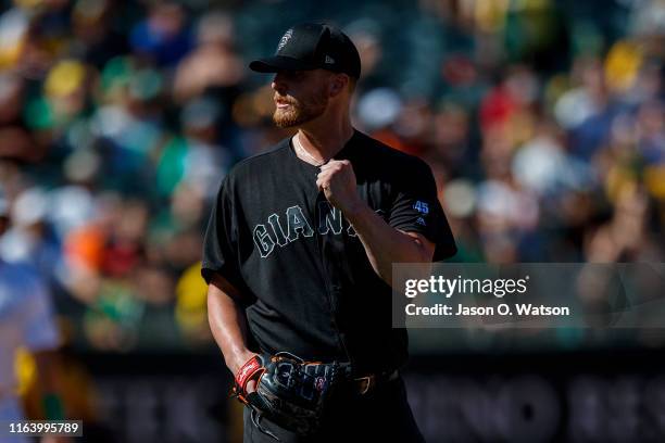 Will Smith of the San Francisco Giants celebrates after the game against the Oakland Athletics at the RingCentral Coliseum on August 25, 2019 in...