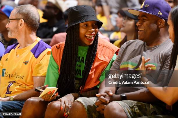 Cappie Pondexter seen court side during the game between the Connecticut Sun and Los Angeles Sparks on August 25, 2019 at the Staples Center in Los...