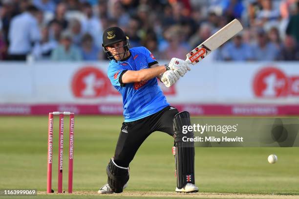 Phil Salt of Sussex hits out during the Vitality Blast match between Sussex Sharks and Hampshire at The 1st Central County Ground on July 24, 2019 in...