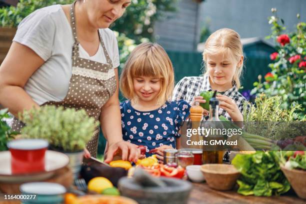 junge familie kochen draußen mit gemüse, kräutern und gewürzen - grill zubereitung stock-fotos und bilder