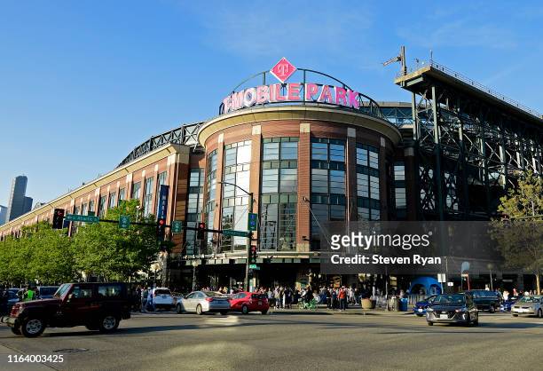 General view of the stadium exterior during the game between the Seattle Mariners and the St. Louis Cardinals at T-Mobile Park on July 03, 2019 in...