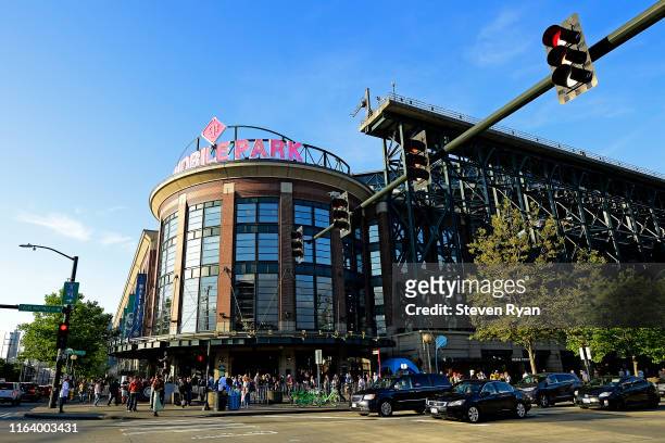 General view of the stadium exterior during the game between the Seattle Mariners and the St. Louis Cardinals at T-Mobile Park on July 03, 2019 in...