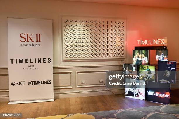 Products on display at the premiere of the New Global Docu-Series - "Timelines" with SK-II And Katie Couric at Crosby Street Hotel on July 10, 2019...
