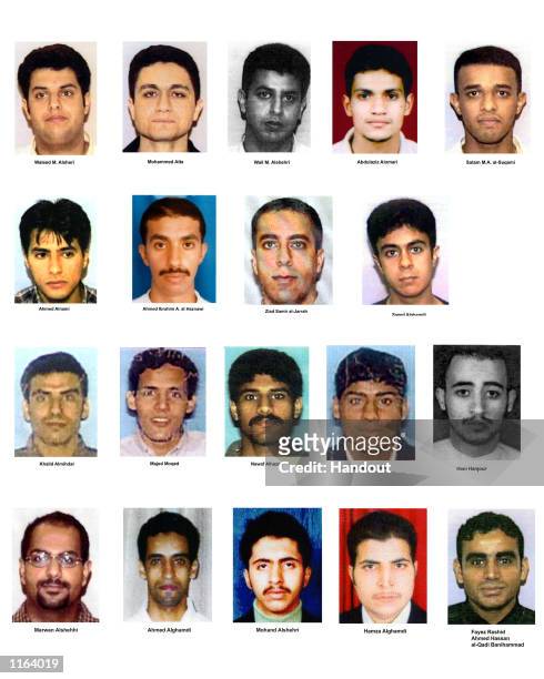 In this handout photo provided by the FBI, Undated photos of suspected hijackers of American Airlines flight, United Airlines flight , American...
