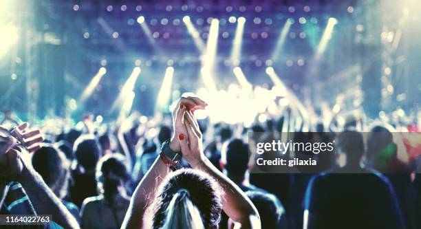 vrome menigte op een concert. - back of womens heads stockfoto's en -beelden