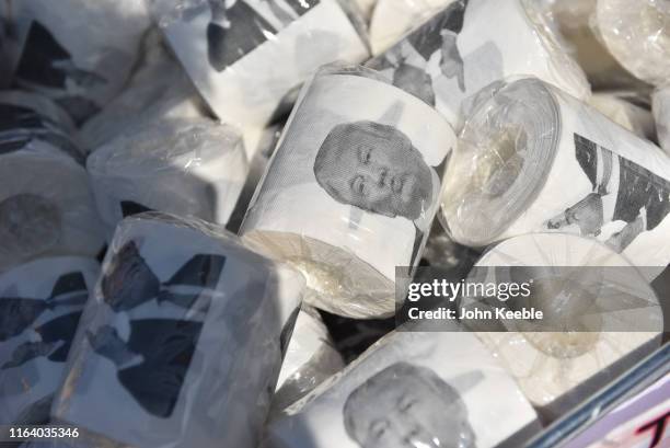 Donald Trump toilet paper is sold outside the Houses of Parliament in Westminster on the day Boris Johnson becomes the new Prime Minister on July 24,...