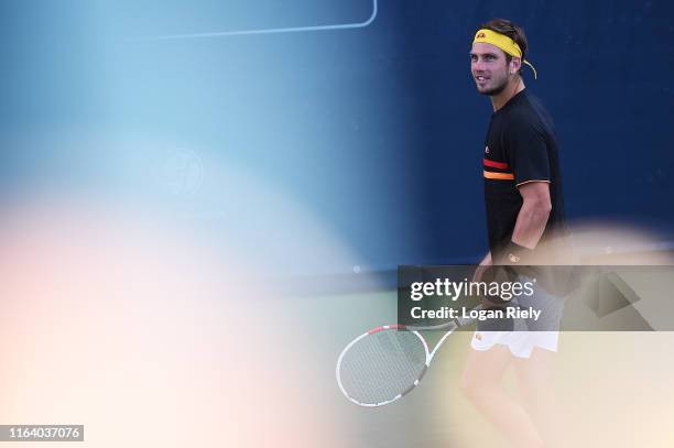 Cameron Norrie of Great Britain reacts after a point against Austin Krajicek and Dominic Inglot of Great Britain during the BB&T Atlanta Open at...