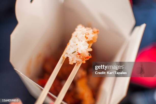 chicken, egg and rice in a box korean food - chinese takeout stock pictures, royalty-free photos & images