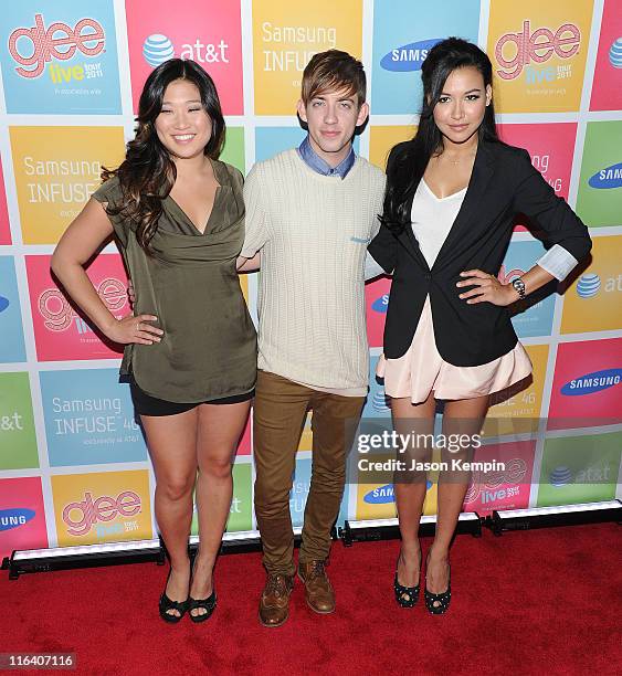 Actors Jenna Ushkowitz, Kevin McHale and Naya Rivera attend the Glee Samsung AT&T spring fling at Gansevoort Park Lounge on June 15, 2011 in New York...