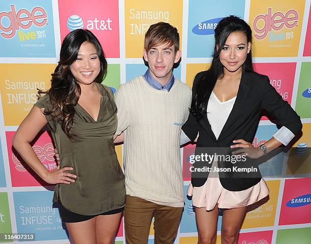 Actors Jenna Ushkowitz, Kevin McHale and Naya Rivera attend the Glee Samsung AT&T spring fling at Gansevoort Park Lounge on June 15, 2011 in New York...