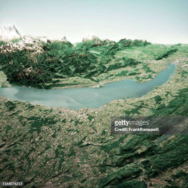 lake geneva 3d render horizon luftaufnahme aus dem norden jun 2019 - rhone stock-fotos und bilder