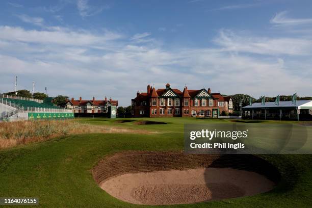 General view of the 18th green and clubhouse during the first round of the Senior Open played at Royal Lytham & St. Annes on July 25, 2019 in Lytham...