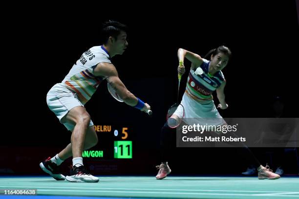 Chan Peng Soon and Goh Liu Ying of Malaysia compete in the mixed doubles match against Thom Gicquel and Delphine Delrue of France on day three of the...