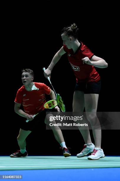 Thom Gicquel and Delphine Delrue of France compete in the mixed doubles match against Chan Peng Soon and Goh Liu Ying of Malaysia on day three of the...