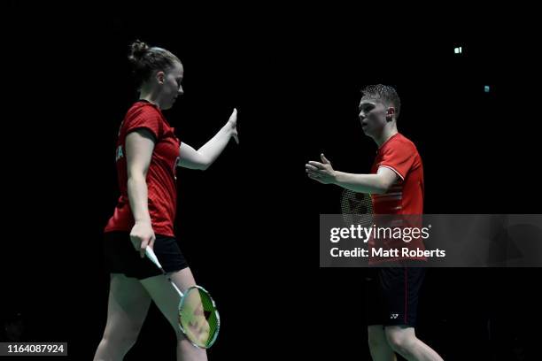 Thom Gicquel and Delphine Delrue of France celebrate in the mixed doubles match against Chan Peng Soon and Goh Liu Ying of Malaysia on day three of...