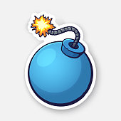 Vector illustration. Blue ball-shaped bomb with a burning fuse rope. Sticker with contour. Isolated on white background