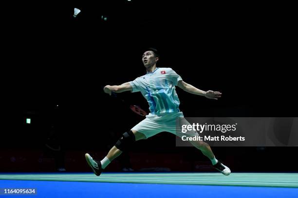 Ng Ka Long Angus of Hong Kong competes in the men's singles match against Jonatan Christie of Indonesia on day three of the Daihatsu Yonex Japan Open...