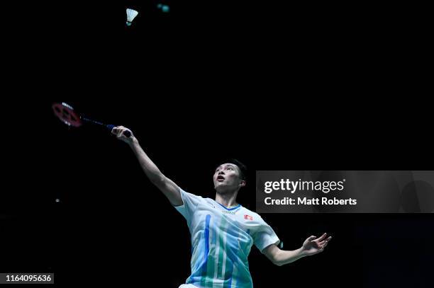 Ng Ka Long Angus of Hong Kong competes in the men's singles match against Jonatan Christie of Indonesia on day three of the Daihatsu Yonex Japan Open...