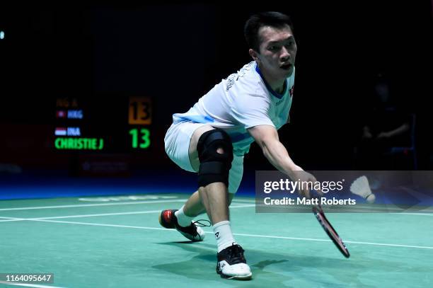 Ng Ka Long Angus of Hong Kong competes in the men's singles match against Jonatan Christie of Indonesia on day three of the Daihatsu Yonex Japan Open...