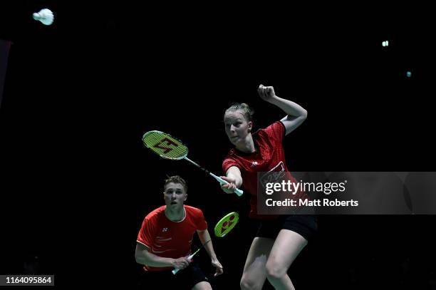 Thom Gicquel and Delphine Delrue of France compete in the mixed doubles match against Chan Peng Soon and Goh Liu Ying of Malaysia on day three of the...