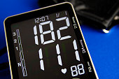 Close up of digital sphygmomanometer monitor with cuff showing high diastolic and systolic blood pressure