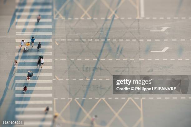 people crossing a road on zebras - rush hour tilt shift stock pictures, royalty-free photos & images