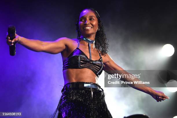 Rozonda Thomas aka "Chili" of TLC performs at Nelly, TLC and Flo Rida In Concert - Atlanta, GA at Cellairis Amphitheatre at Lakewood on July 24, 2019...