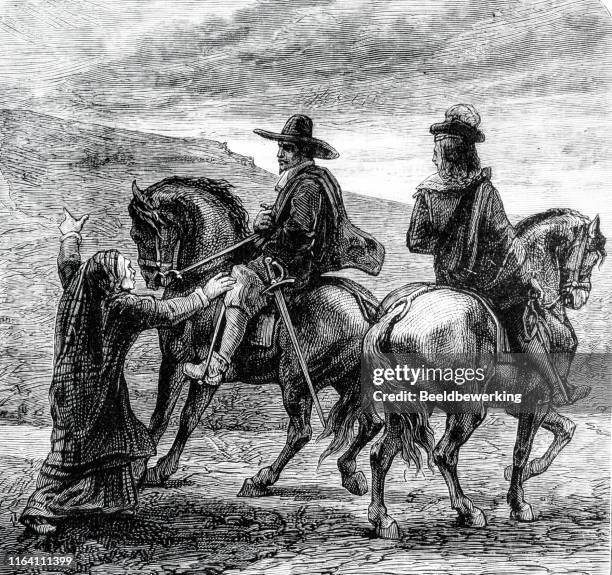 woman begging horsemen for help - musketeer stock illustrations