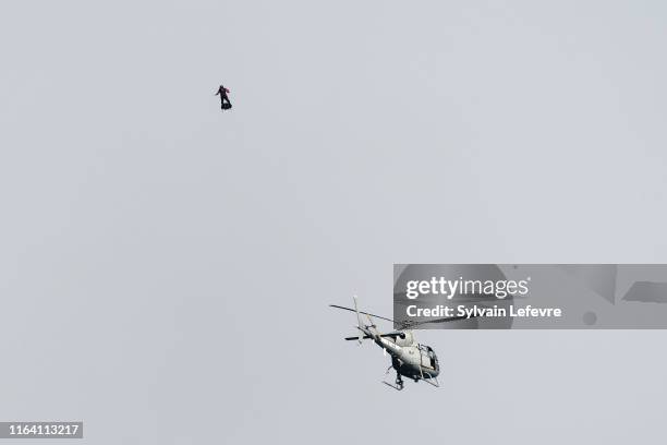 French hoverboard star Franky Zapata takes to the air to cross the Channel from France to England using the hoverboard invention on July 25, 2019 in...