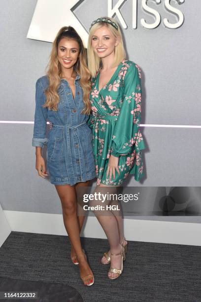 Love Island's Amy Hart and Joanna Chimonides visit the Kiss FM Studio's on July 25, 2019 in London, England.