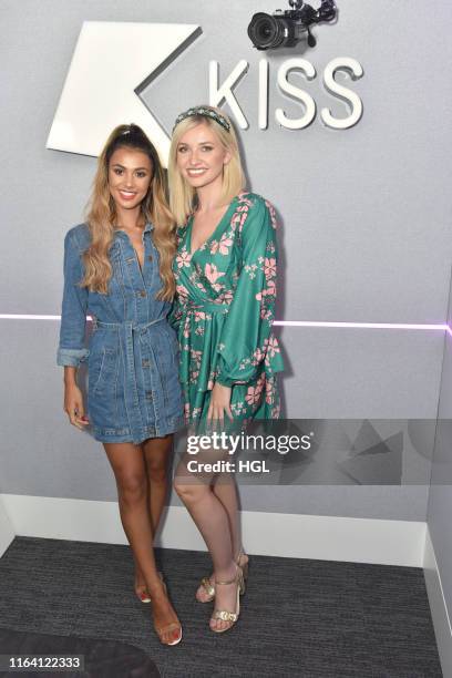 Love Island's Amy Hart and Joanna Chimonides visit the Kiss FM Studio's on July 25, 2019 in London, England.