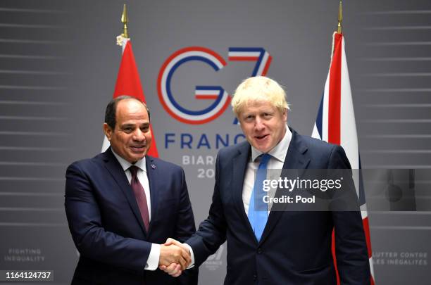 British Prime Minister Boris Johnson meets Egyptian President Abdel-Fattah el-Sisi for bilateral talks during the G7 summit on August 24, 2019 in...