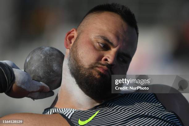 Rafal Kownatke of LKS Ziemi Puckiej Puck in action during men's Shot put final, on the third day of the 95th Polish Track and Field Championship, in...