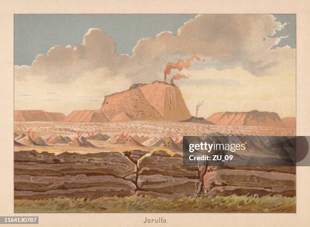 el jorullo, cinder cone volcano, michoacán, mexico, chromolithograph, published 1892 - volcano eruption stock illustrations