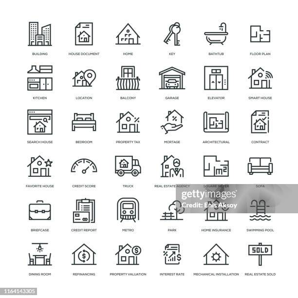 ilustraciones, imágenes clip art, dibujos animados e iconos de stock de conjunto de iconos inmobiliarios - cocina estructura de edificio