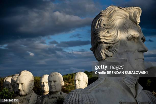 Andrew Jackson can be seen with other salvaged busts of former US Presidents at a mulching business where they now reside on August 25 in...