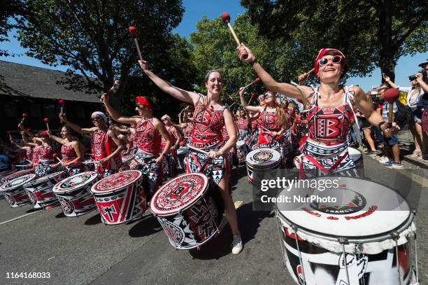 Drum band Batala performs along the streets of West London during the grand finale of the Notting Hill Carnival on 26 August, 2019 in London,...