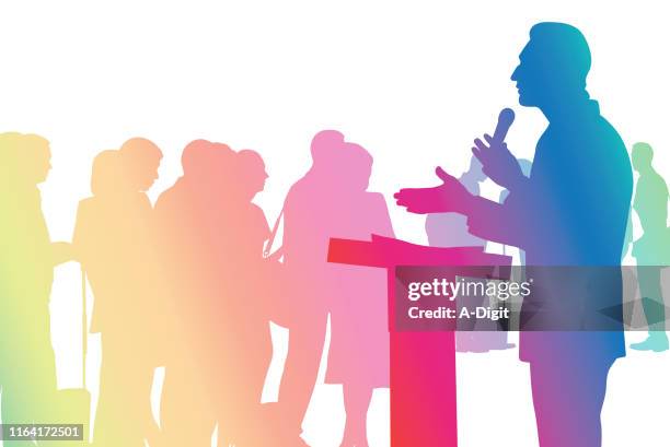 convincing the crowd rainbow - press conference stock illustrations