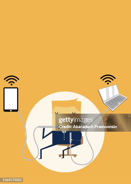 businessmen are using the media world. abstract sympathizers. via telephone and notebook vector illustration in cartoon style - success vector stock pictures, royalty-free photos & images