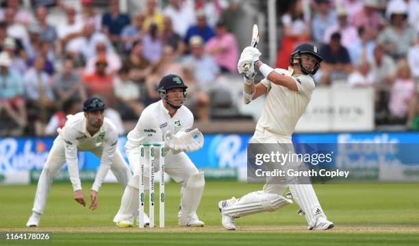 Sam Curran of England hits out for six runs during day two of the Specsavers Test Match between England and Ireland at Lord's Cricket Ground on July...