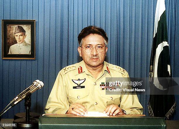 Pakistani President Genmeral Pervez Musharraf speaks to the nation on the state-run Pakistani television station September 19, 2001 in Islamabad....