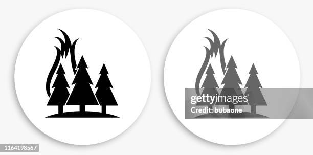 forest fire black and white round icon - forest fire flames stock illustrations