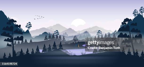 flat minimal lake with pine forest, and mountains - winter camping stock illustrations